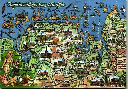46673 - Landkarte - Deutschland , Zwischen Weser , Ems u. Nordsee - gelaufen