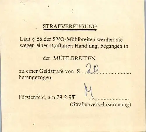 46794 - Alte Papiere - Strafverfügung , Mühlbreiten , Fürstenfeld , Strafzettel -  1995