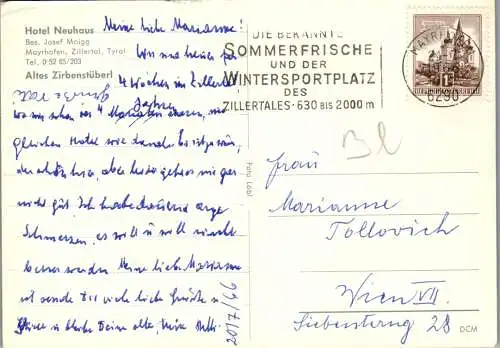 47270 - Tirol - Mayrhofen , Hotel Neuhaus , Altes Zirbenstüberl , Bes. Josef Moigg - gelaufen 1966