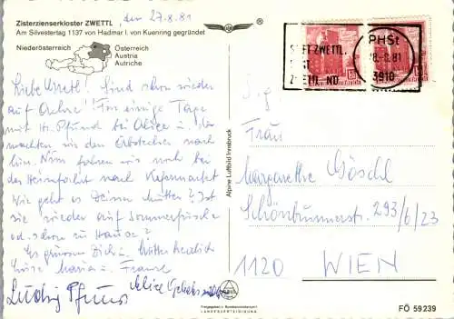 47439 - Niederösterreich - Zwettl , Stift Zwettl im Waldviertel , Zisterzienserkloster - gelaufen 1981