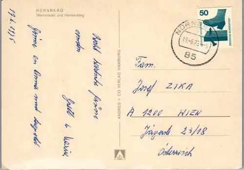 47865 - Deutschland - Nürnberg , Weinstadel und Henkersteg bei Nacht - gelaufen 1975