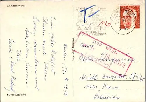 47880 - Deutschland - Aalen , Württ. , Nachgebühr Stempel , Mehrbildkarte - gelaufen 1973