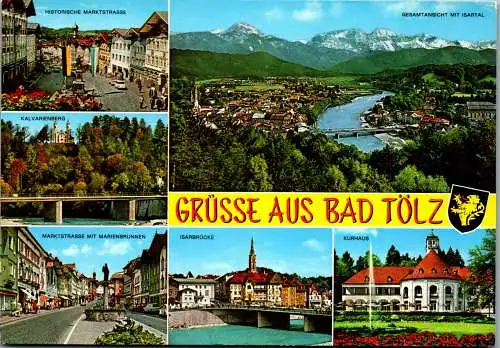 47902 - Deutschland - Bad Tölz , Marktstrasse , Kalvarienberg , Isartal , Isarbrücke , Mehrbildkarte - gelaufen