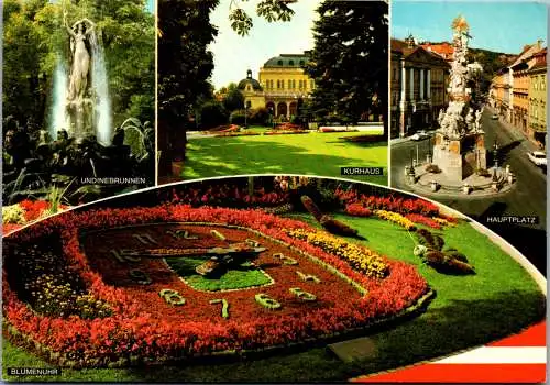 47927 - Niederösterreich - Baden bei Wien , Undinerbrunnen , Kurhaus , Hauptplatz , Blumenuhr - gelaufen 1981