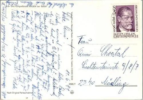 47927 - Niederösterreich - Baden bei Wien , Undinerbrunnen , Kurhaus , Hauptplatz , Blumenuhr - gelaufen 1981