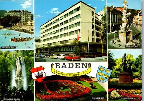 47931 - Niederösterreich - Baden bei Wien , Thermalbad , Blumenuhr , Hauptplatz , Undinebrunnen - gelaufen 1975