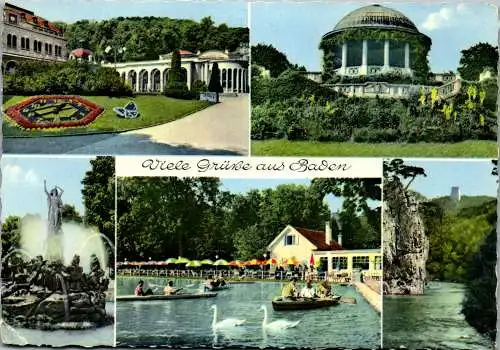 47933 - Niederösterreich - Baden bei Wien , Blumenuhr , Beethoventempel , Doblhoff Park , Ruine Rauheneck - gel. 1960