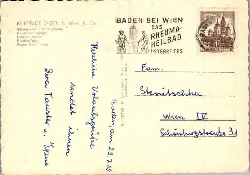 47933 - Niederösterreich - Baden bei Wien , Blumenuhr , Beethoventempel , Doblhoff Park , Ruine Rauheneck - gel. 1960