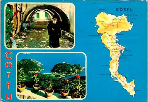 48251 - Griechenland - Corfu , Korfu , Landkarte , Mehrbildkarte - gelaufen 1974