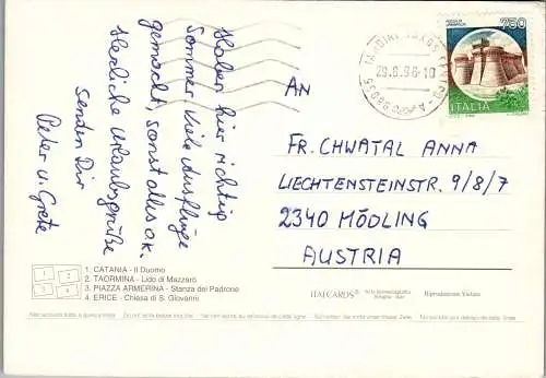 48518 - Italien - Sicilia , Sizilien , Catania , Taormina , Piazza Armerina , Erice , Mehrbildkarte - gelaufen 1996