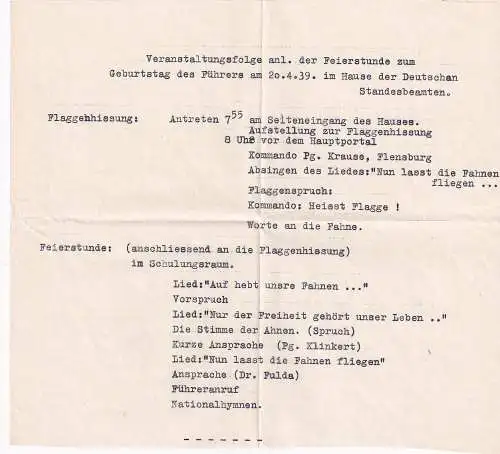 48663 - Militaria - Geburtstag des Führers , Veranstaltungsfolge im Haus der Deustchen Standesbeamten -  1939