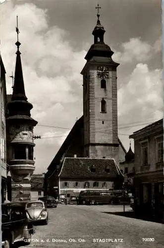 48724 - Oberösterreich - Grein a. d. Donau , Stadtplatz , VW Käfer , Auto - nicht gelaufen 1963