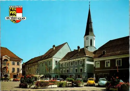 48763 - Kärnten - St. Veit a. d. Glan , Hauptplatz mit Kirche und Schüsselbrunnen , VW Käfer , Auto - nicht gelaufen