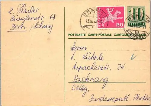 48819 - Ganzsache - Schweiz , Bern - Backnang , Zusatzfrankatur - gelaufen 1962