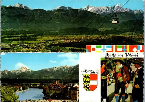 48826 - Kärnten - Villach , Kanzelbahn , Draubrücke mit Mittagskogel , Trachtengruppe - nicht gelaufen