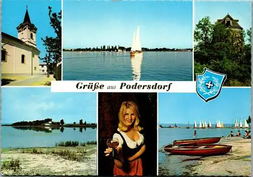 49584 - Burgenland - Podersdorf , Pfarrkirche , Neusiedlersee , Windmühle , Salzsee , Badestrand - gelaufen