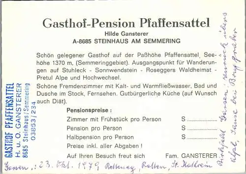 50301 - Steiermark - Steinhaus am Semmering , Gasthof Pension Pfaffensattel , Hilde Gansterer , Auto , VW Käfer - 1979