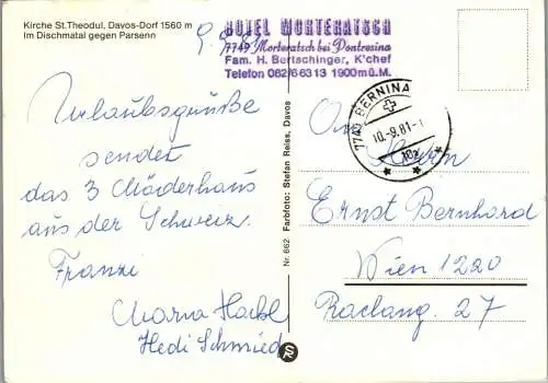 50527 - Schweiz - Davos Dorf , Kirche St. Theodul , Dischmatal gegen Parsenn - gelaufen 1981