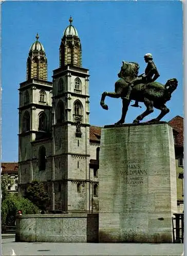 50572 - Schweiz - Zürich , Hans Waldmann Denkmal mit Grossmünster - gelaufen 1966