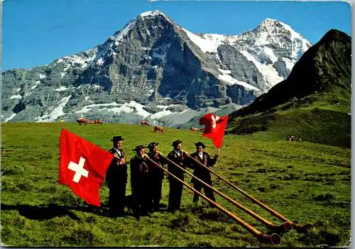 50645 - Schweiz - Bern , Alphornbläser auf Männlichen mit Eiger und Mönch - gelaufen 1966