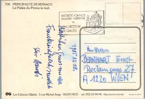 50906 - Monaco - Principaute , Le Palais du Prince la nuit - gelaufen 1985