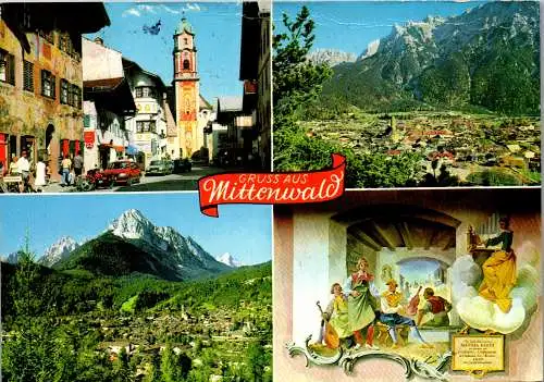 51580 - Deutschland - Mittenwald , Obermarkt , Karwendel , Wetterstein , Fresko , Mehrbildkarte - gelaufen 1989