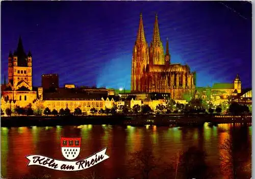 51736 - Deutschland - Köln , Rheinufer bei Nacht mit Dom und St. Martin Kirche - gelaufen 1981