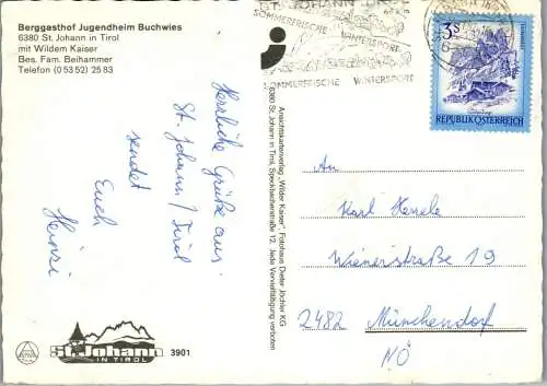 51913 - Tirol - St. Johann , Berggasthof Jugendheim Buchwies mit Wildem Kaiser , Fam. Beihammer - gelaufen 1982