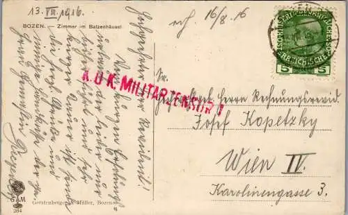 52085 - Italien - Bozen , Ca' de' Bezzi , Zimmer im Batzenhäusl , K. u. K. Militärzensur - gelaufen 1916