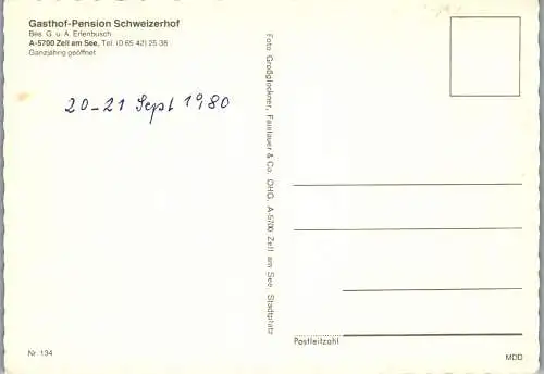 52397 - Salzburg - Zell am See , Gasthof Pension Schweizerhof , G. u. A. Erlenbusch - nicht gelaufen 1980