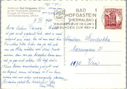 52535 - Salzburg - Bad Hofgastein , Kurpark mit Pfarrkirche und Gamskarspitze - gelaufen 1968