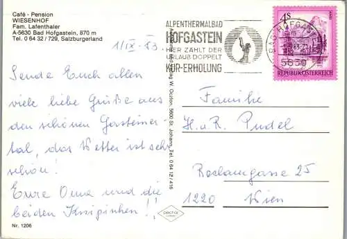 52619 - Salzburg - Bad Hofgastein , Pension Wiesenhof , Fam. Lafenthaler - gelaufen 1983