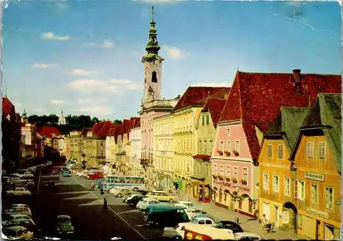 52917 - Oberösterreich - Steyr , Stadtplatz mit Rathaus und Tabor , VW Käfer - gelaufen 1970