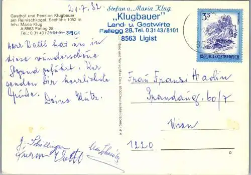 53073 - Steiermark - Ligist , Falleg , Gasthof Klugbauer am Reinischkogel , Maria Klug - gelaufen 1982