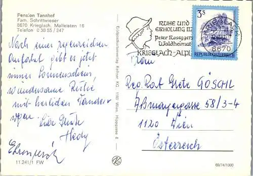 53102 - Steiermark - Krieglach , Malleisten , Pension Tannhof , Fam. Schrittwieser - gelaufen 1987