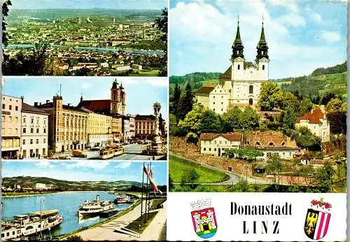 53684 - Oberösterreich - Linz , Blick von Urfahr , Hauptplatz , Schiffsstation , Pöstlingberg - gelaufen 1972