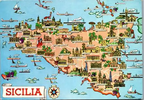 53900 - Italien - Sicilia , Sizilien , Landkarte - gelaufen