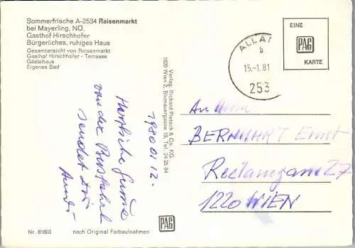 54387 - Niederösterreich - Raisenmarkt , bei Mayerling , Gasthof Hirschhofer , Mehrbildkarte - gelaufen 1980