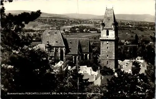 54401 - Niederösterreich - Perchtoldsdorf , Pfarrkirche u. Türkenturm , l. beschädigt - gelaufen