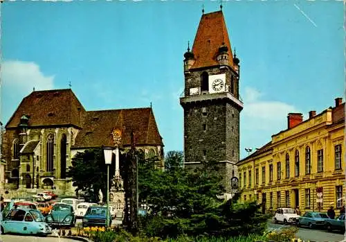 54403 - Niederösterreich - Perchtoldsdorf , Pfarrkirche u. Türkenturm , VW Käfer - gelaufen 1980