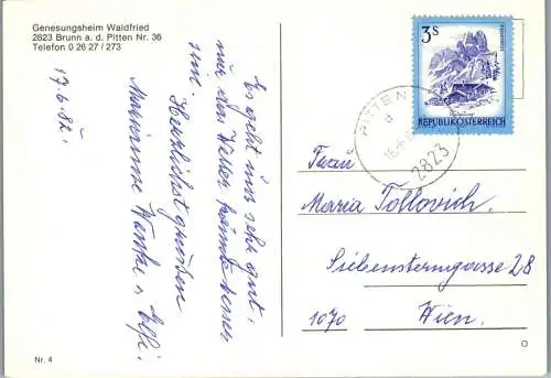 54492 - Niederösterreich - Brunn , an der Pitten , Genesungsheim Waldfried - gelaufen 1982