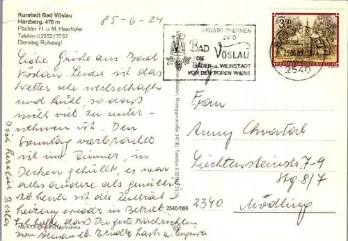 54502 - Niederösterreich - Bad Vöslau , Gaststätte am Harzberg , H. u. M. Haarhofer - gelaufen 1985