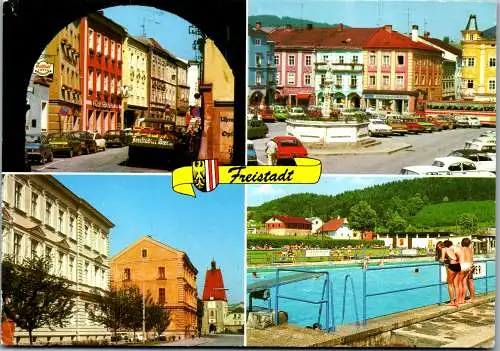 54525 - Oberösterreich - Freistadt , Hauptplatz , Schwimmbad , Freibad , Mehrbildkarte - gelaufen 1980