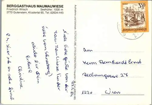 54656 - Niederösterreich - Gutenstein , Berggasthaus Maumauwiese , Friedrich Wilsch - gelaufen 1984