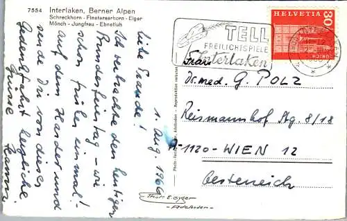 54951 - Schweiz - Interlaken , Schreckhorn , Finsteraarhorn , Eiger , Mönch , Jungfrau , Ebnetluh - gelaufen 1966