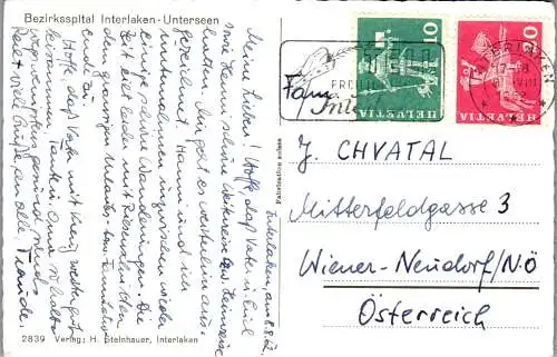 54957 - Schweiz - Interlaken , Unterseen , Bezirksspital , Spital - gelaufen 1962