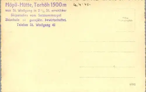 55256 - Salzburg - Strobl , Höpli Hütte , Höplihütte , Postalm , Ski - nicht gelaufen 1940