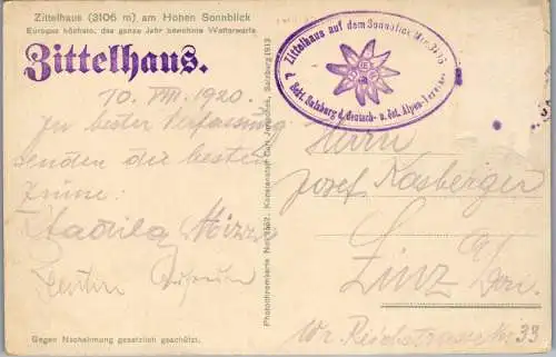 55270 - Salzburg - Rauris , Zittelhaus auf dem Hohen Sonnblick - gelaufen 1920