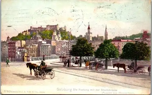 55525 - Salzburg - Salzburg , Die Festung mit der Staatsbrücke , Aussicht vom Pfleumerhaus - gelaufen 1908