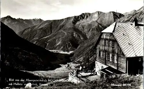 55553 - Kärnten - Mallnitz , Blick von der Gastwirtschaft Hochalmblick auf Mallnitz und Polinik , Hüttenstempel